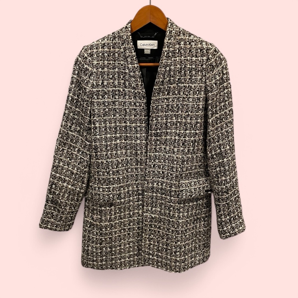 Calvin Klein tweed open front blazer with pockets lined quiet luxury old money